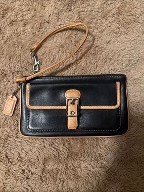 Coach Black Leather Wristlet with Tan Trim and Buckle